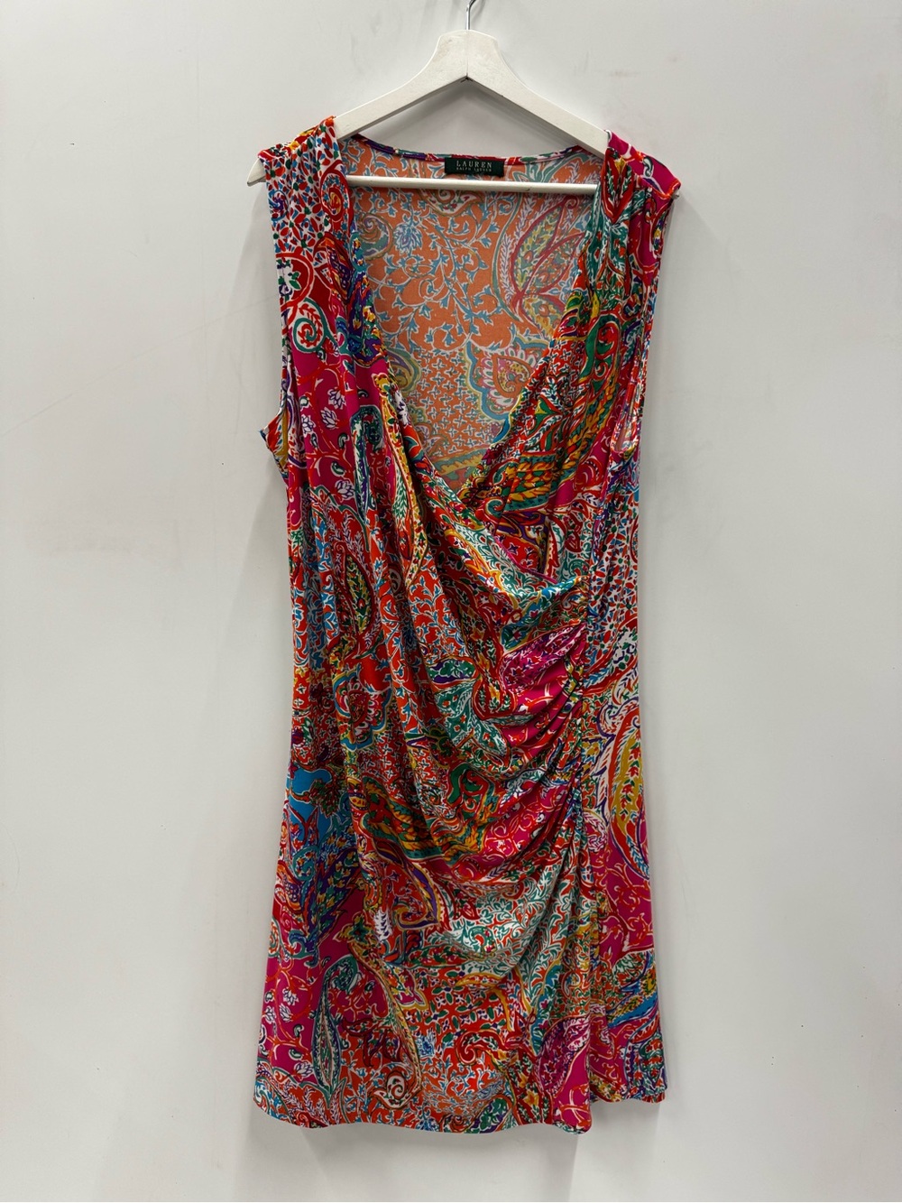 Lauren Ralph Lauren Multicolor Paisley Faux Wrap Ruched V-Neck Mini Dress